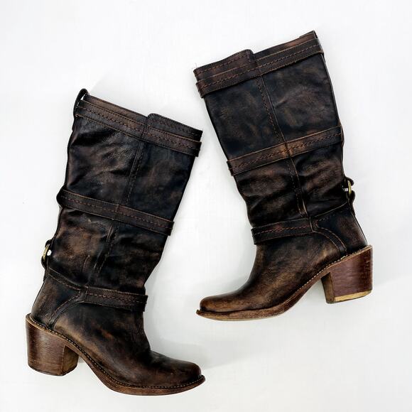 Frye Brown Leather Distressed Buckle heel boots - Picture 2 of 6